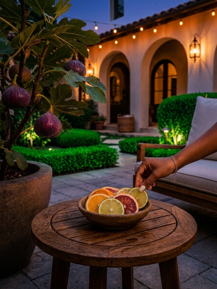 A wooden bowl filled with sliced citrus fruits sits on a round wooden table in an outdoor patio setting at dusk, with a person's hand reaching toward the fruit. A potted fig tree and a cushioned chair are visible in the background.
