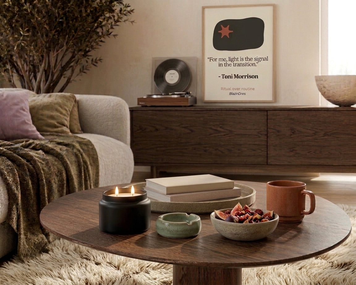 A styled living room scene with a round wooden coffee table in the foreground holding a black candle, books, a small bowl, and a mug. A sofa, throw blanket, sideboard, and framed wall art are visible in the room.
